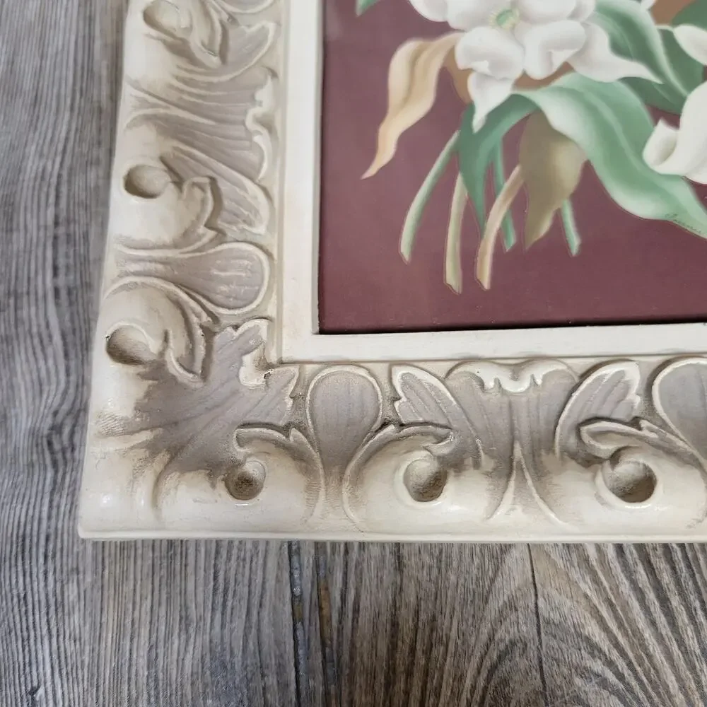 Vintage Turner Floral Prints Pair MCM White Flowers Ornate Cream Framed Wall Art